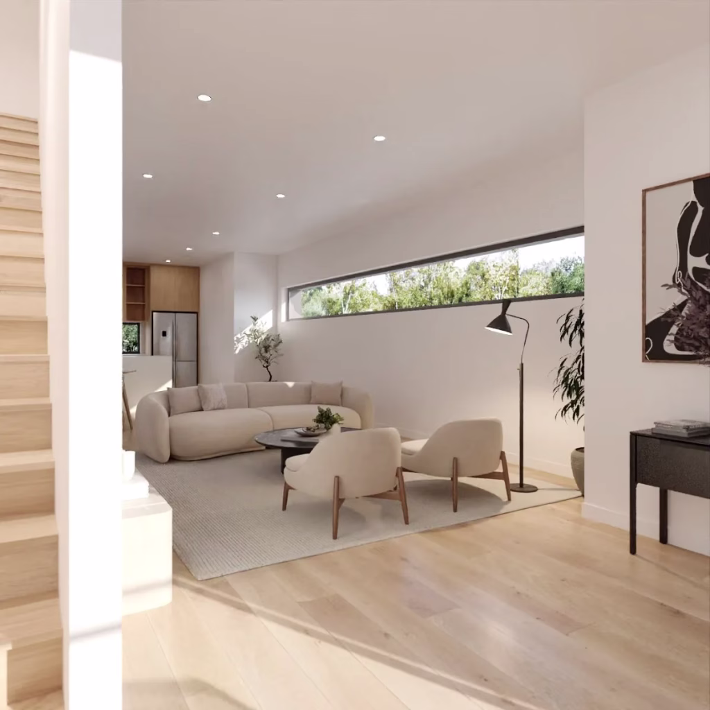 Open-plan living and kitchen area in a completed 5North home